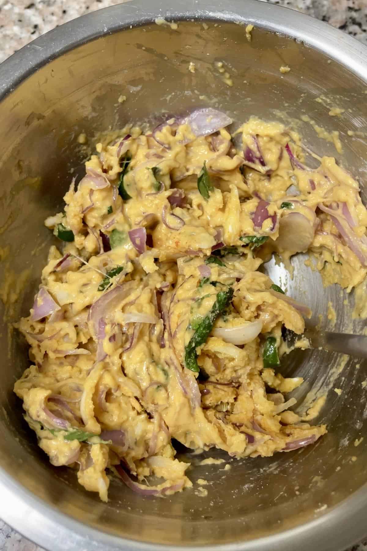 onion pakoda doughy batter ready