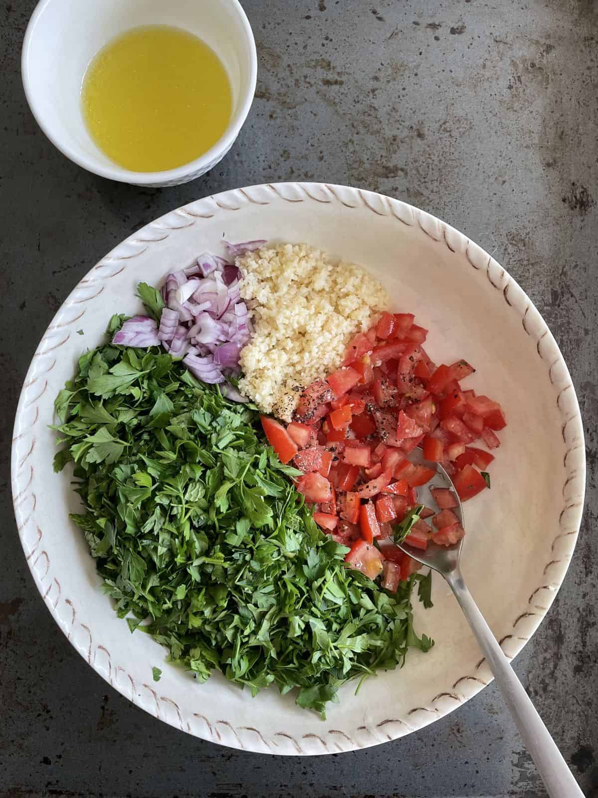 basic tabbouleh ingredients ready to be mixed