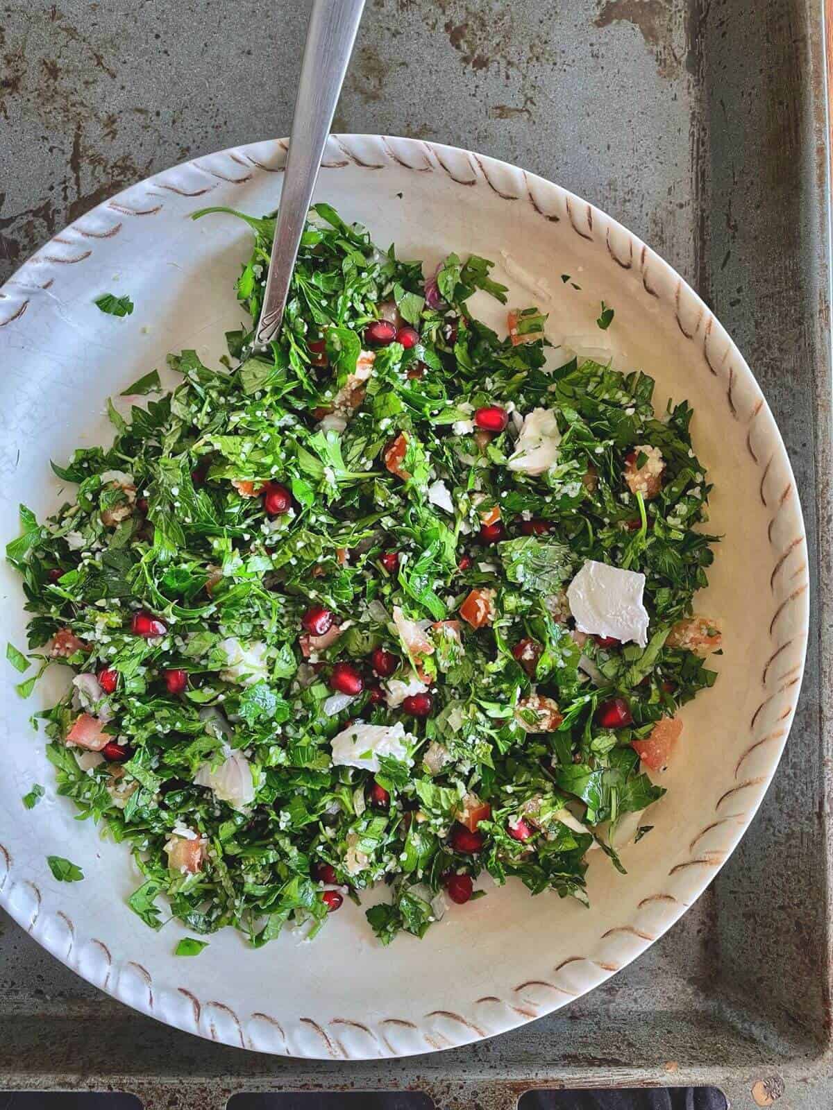 tabouli with feta cheese and pomegranate
