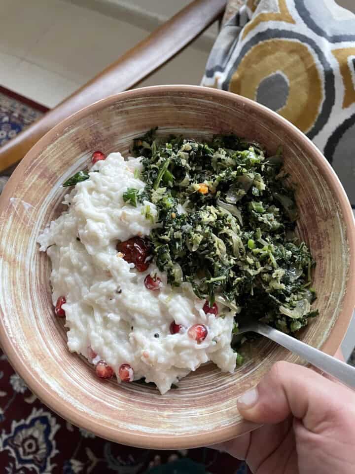 A bowl of buttermilk rice with cheera stir fry