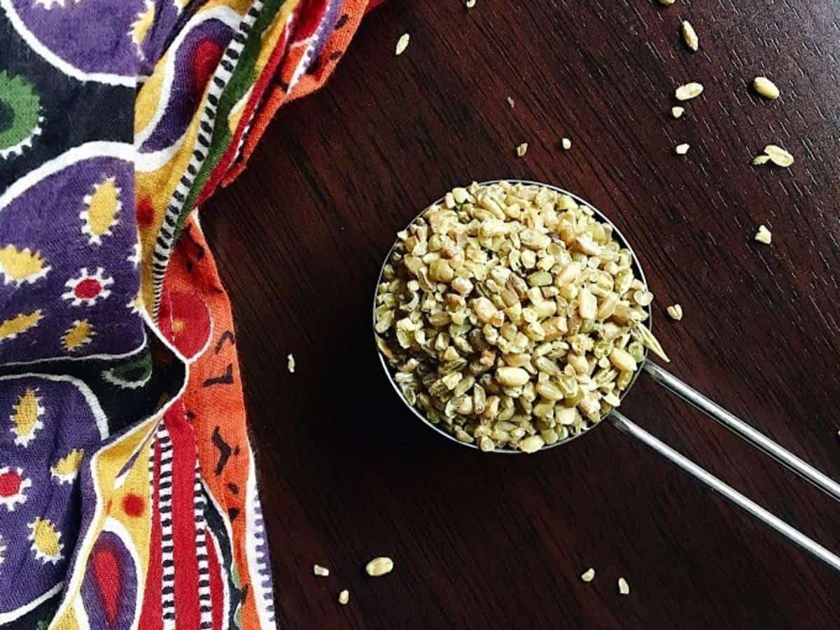freekeh grains in a measuring cup.