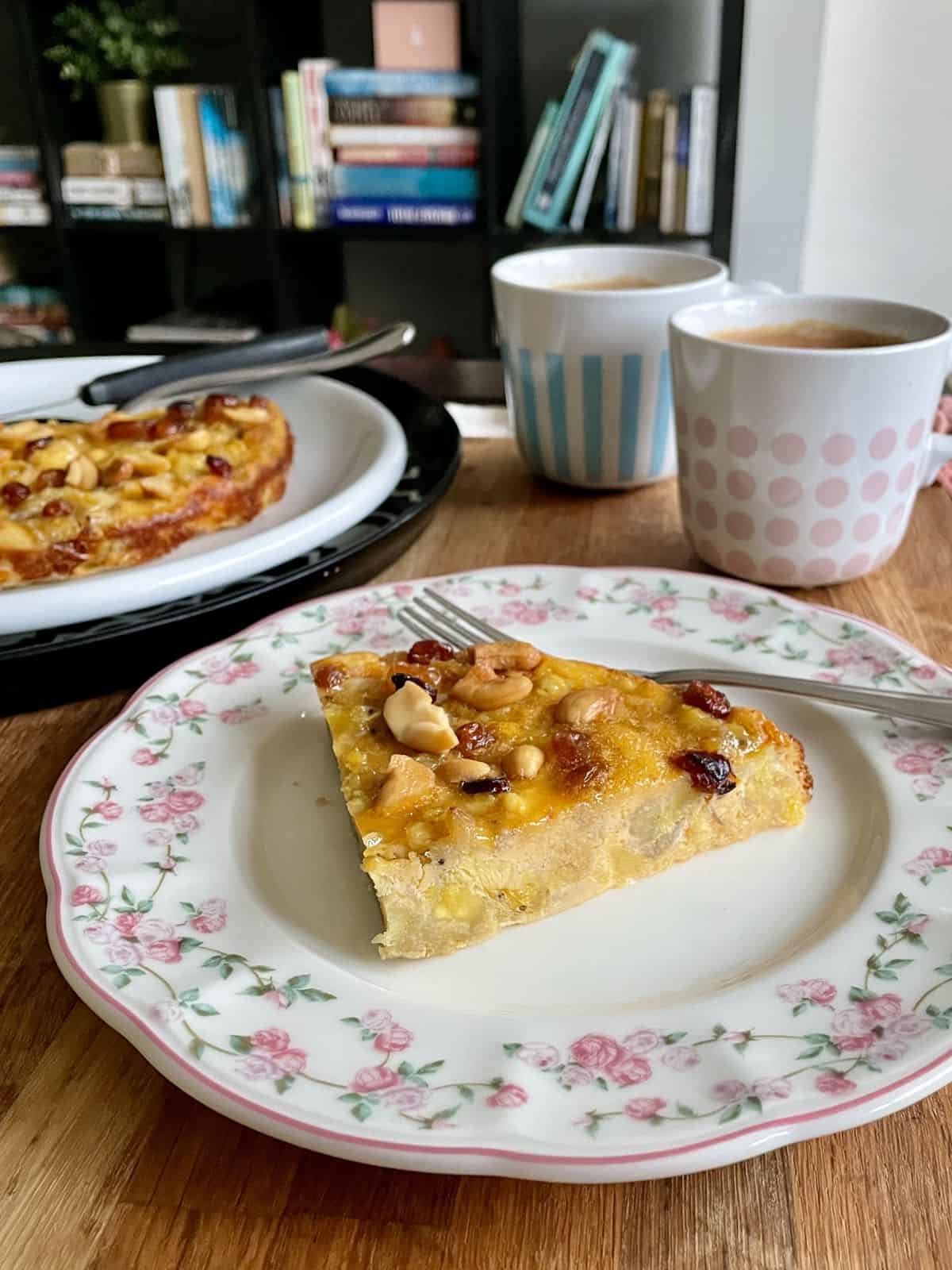 ripe plantain flourless egg cake served with cup of chai