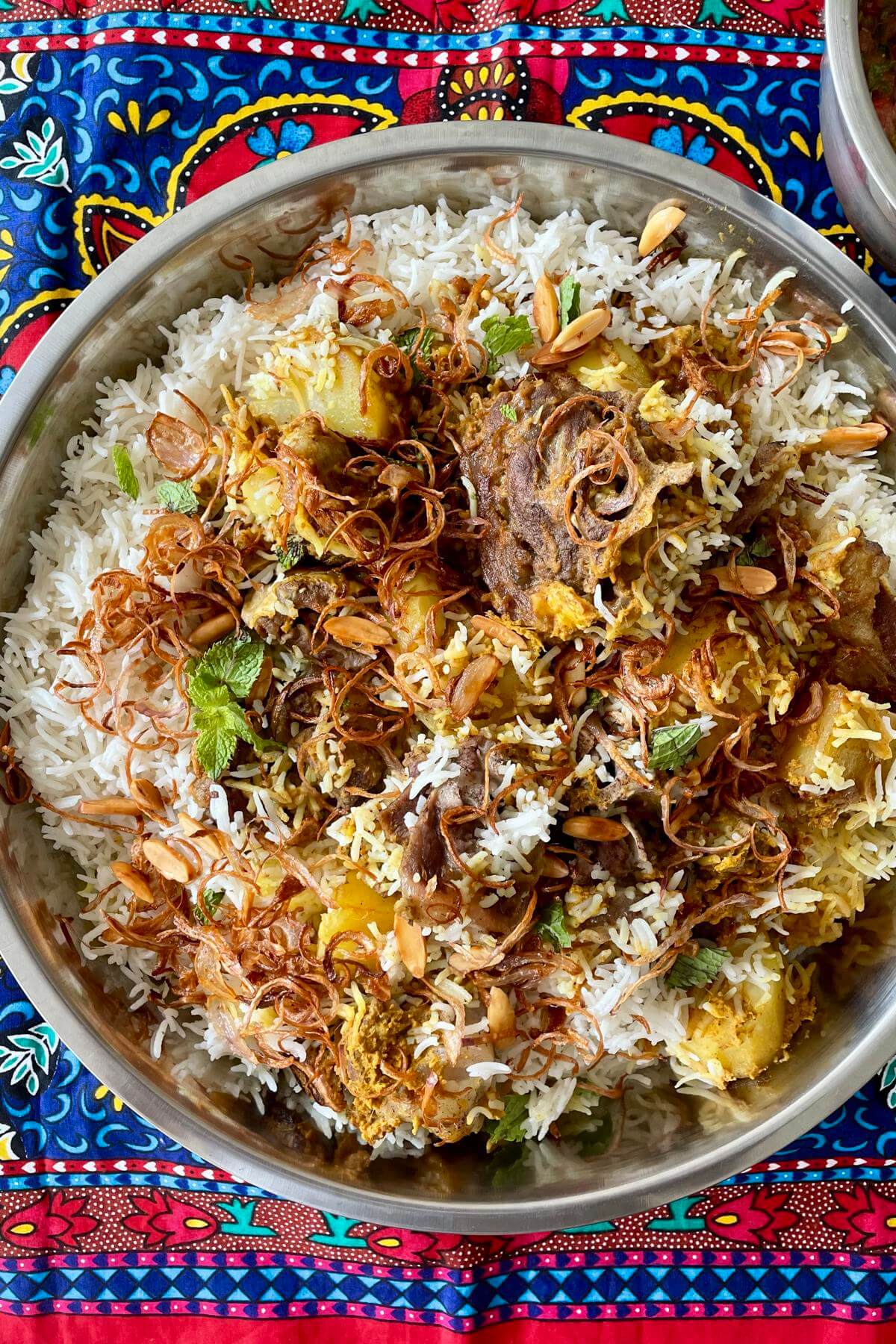 A platter filled with mutton biryani