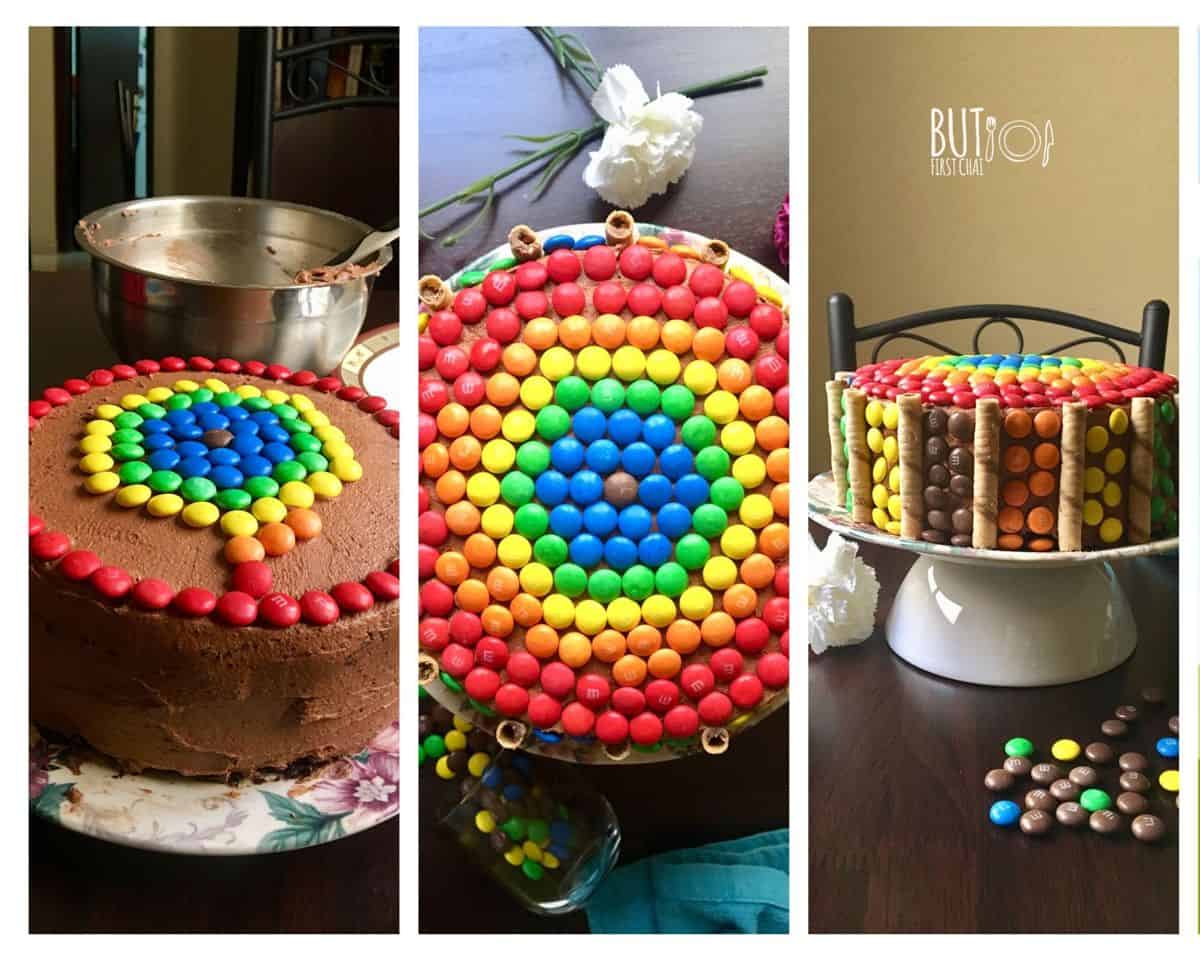 chocolate cake garnished with mnms. 