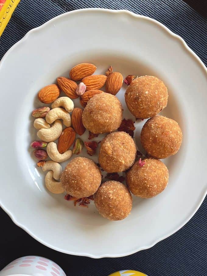 rice coconut balls served with cashews and almonds
