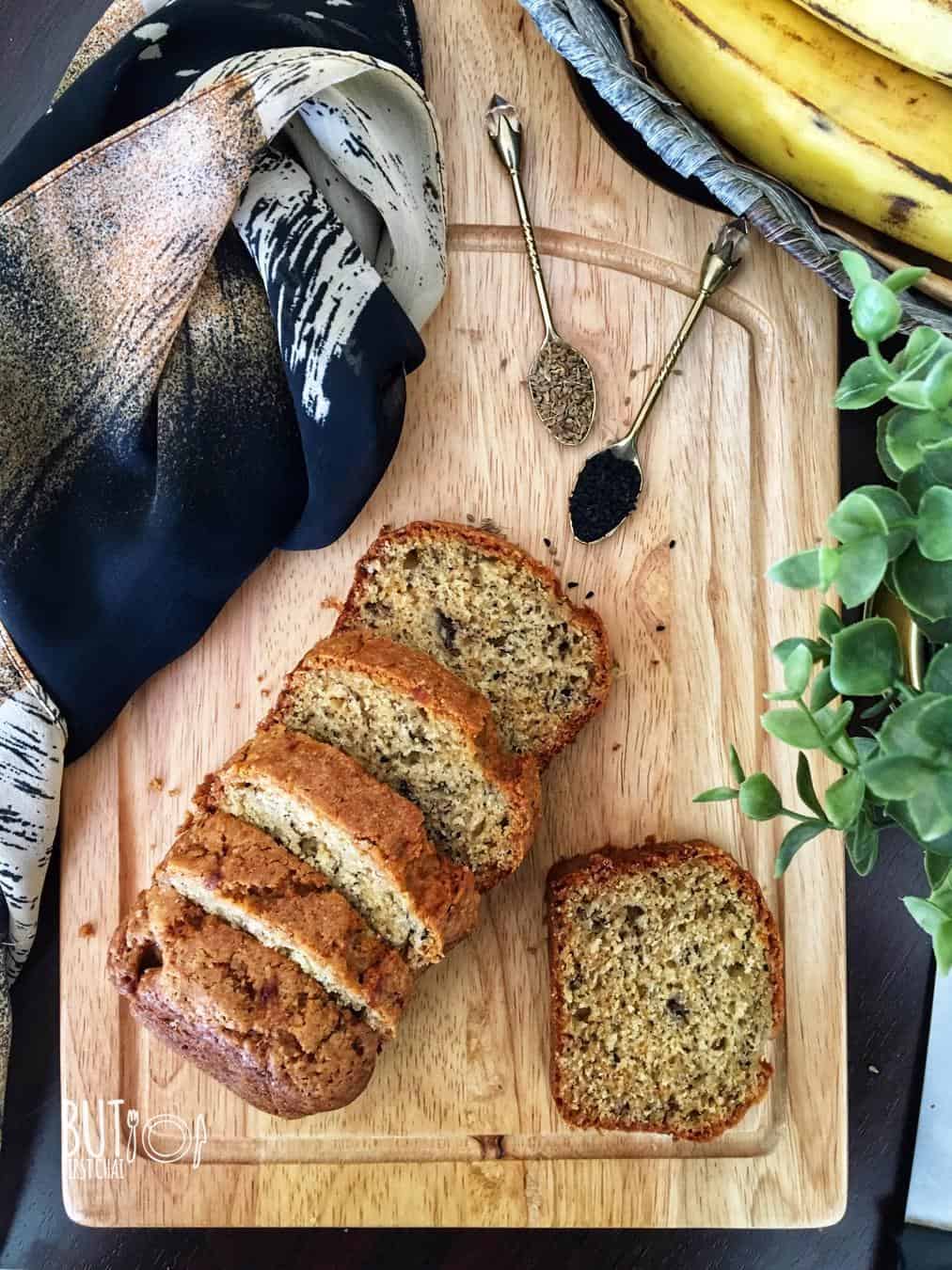 banana bread with nigella seeds sliced