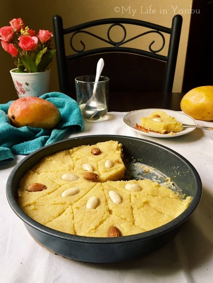 Mango Basbousa | Semolina Tahini Cake with Mango
