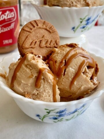biscoff ice cream scoops in a bowl drizzled with melted biscoff.