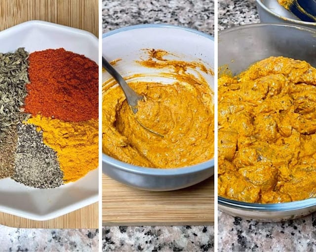 a collage of ground spices, paste and marinated chicken