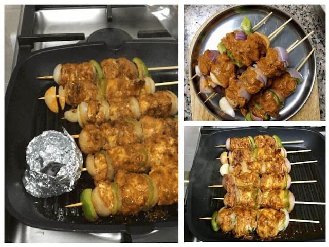 chicken tikka in grill pan on stovetop