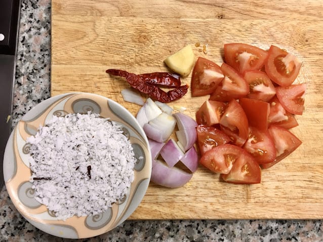 ingredients displayed for coconut chutney with tomatoes
