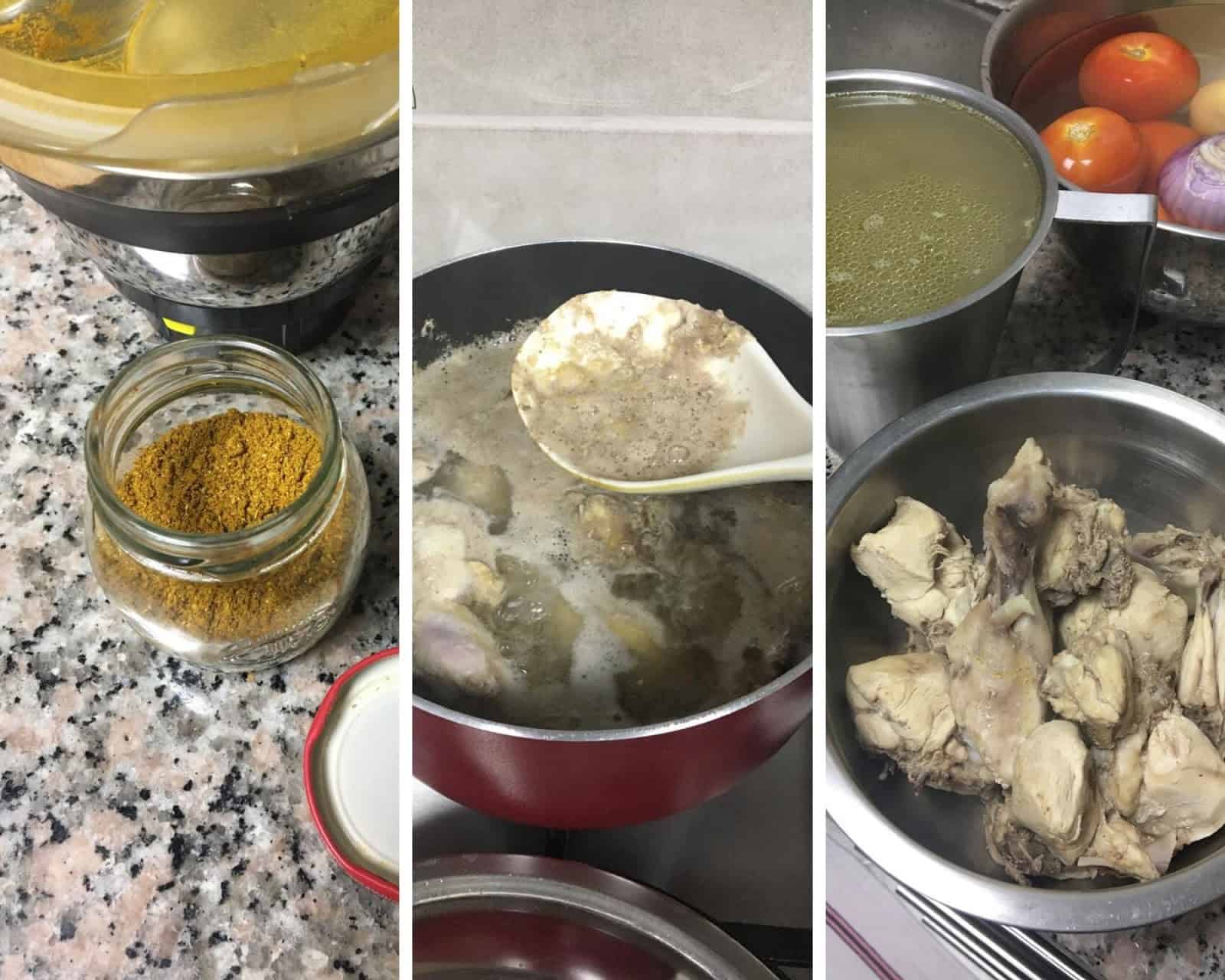 A collage of three images showing bezar spice mix, chicken broth making and boiled chicken.