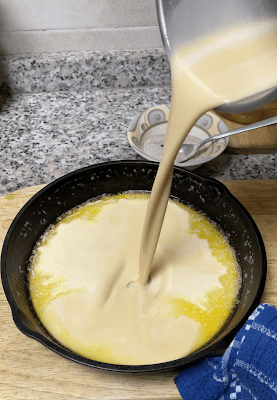 Pouring the batter into the hot skillet