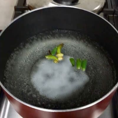 salted water boiling with spices and green chilies