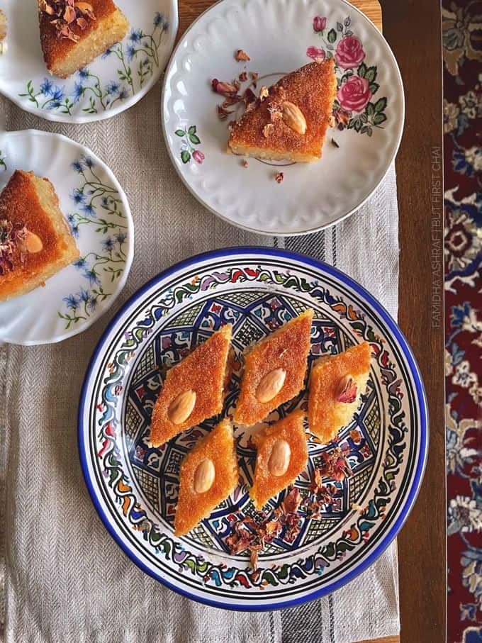 Basbousa, Eggless Basbousa, Arabic semolina cake - Sandhya's recipes