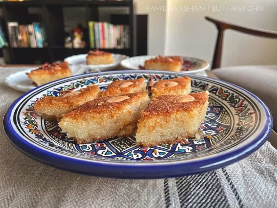 Basbousa pieces served on a tunisian plate