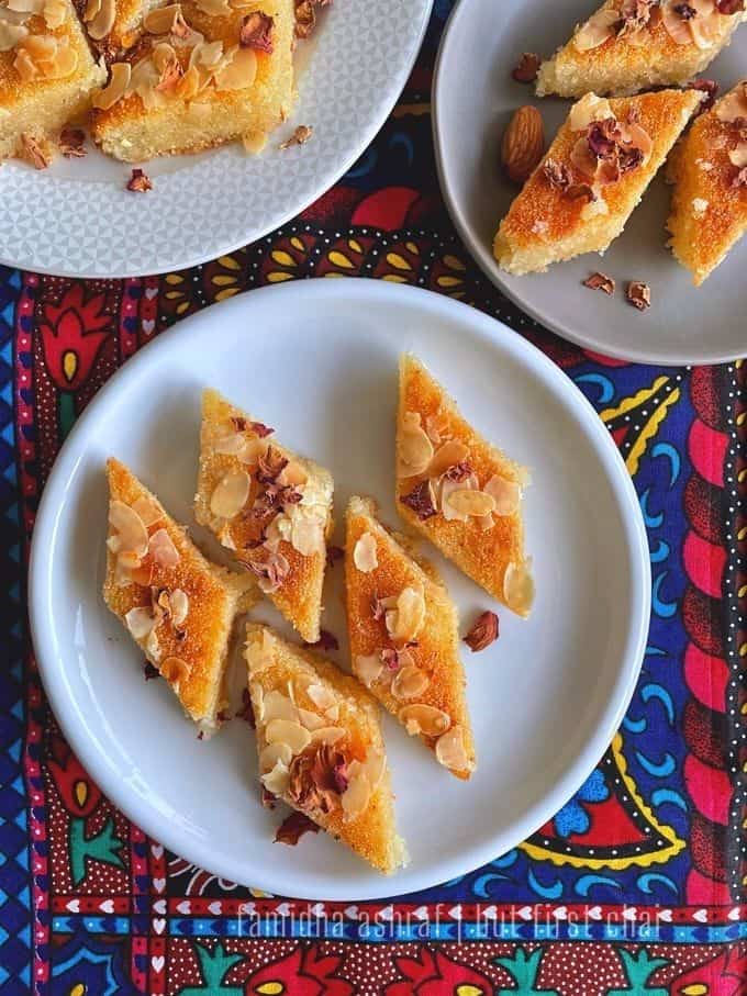 diamond shaped basbousa served in three plates