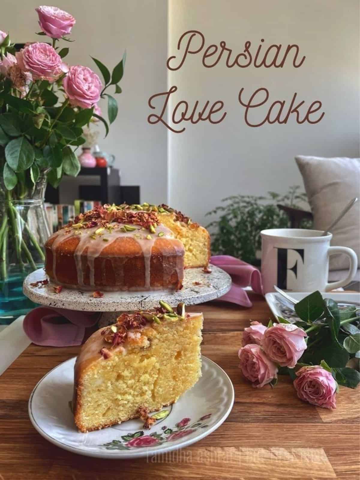 persian love cake cut and served