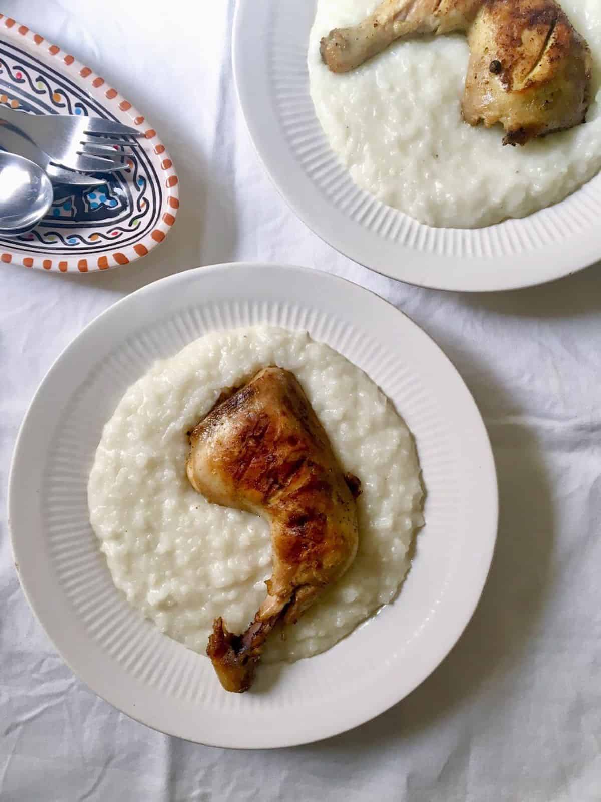 creamy white rice with roasted chicken leg