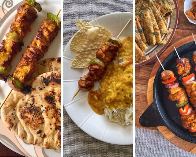 a collage of tikka served with naan, rice and roti