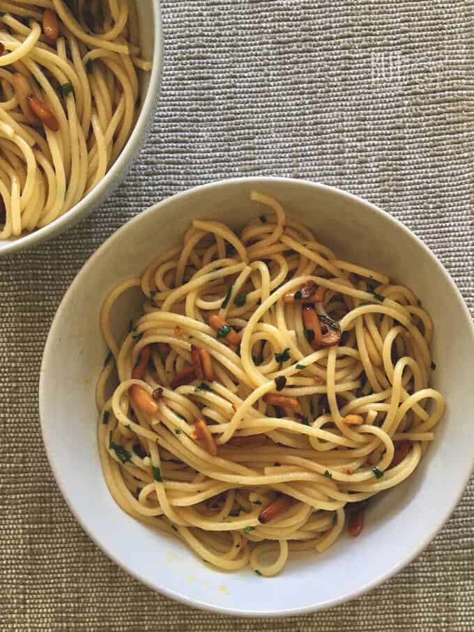 two bowls of Spaghetti Aglio e Olio