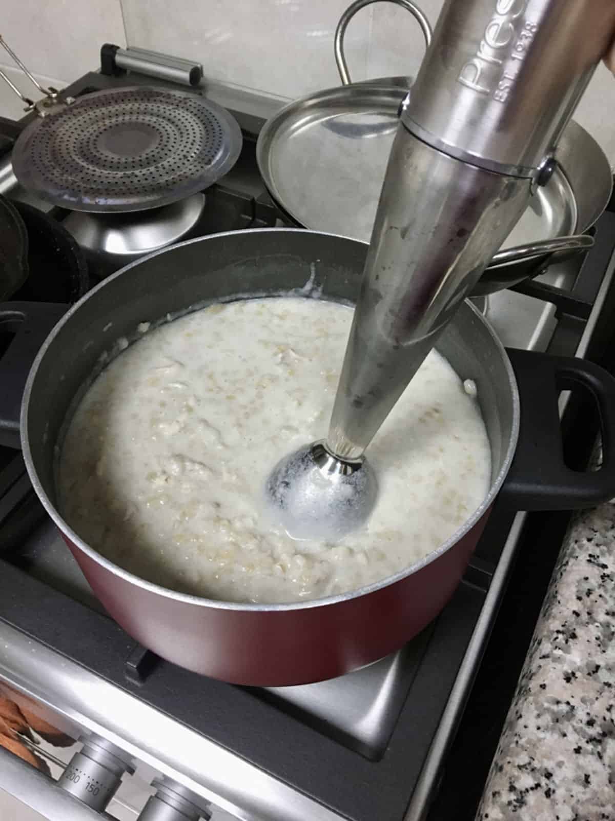 using immersion blender to grind the cooked aleesa
