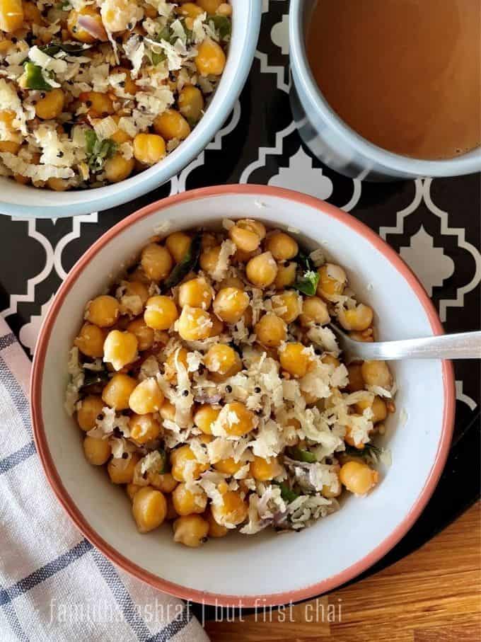 a bowl of white chickpea sundal