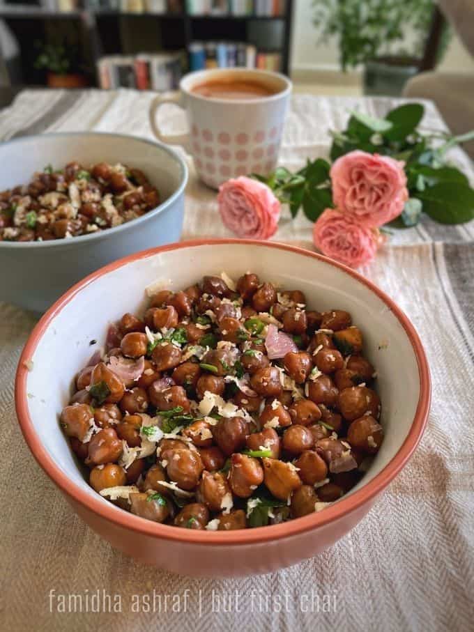 a bowl of black chickpea sundal