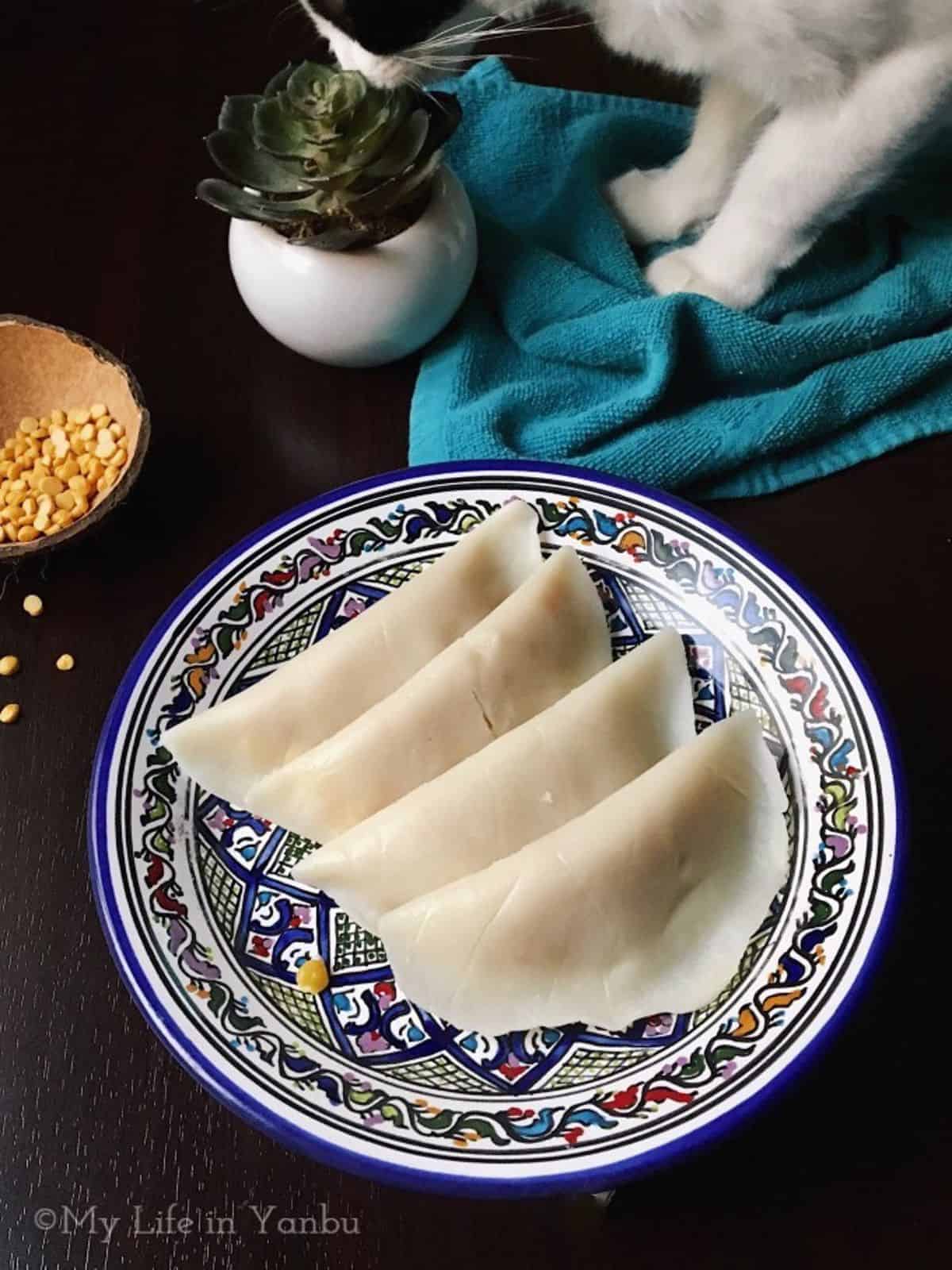 a plate of ela ada with my cat standing behind.