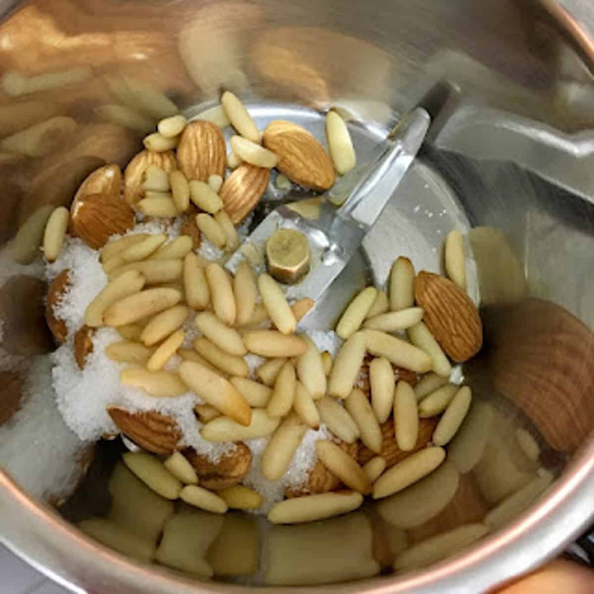 almonds and pine buts in a processer