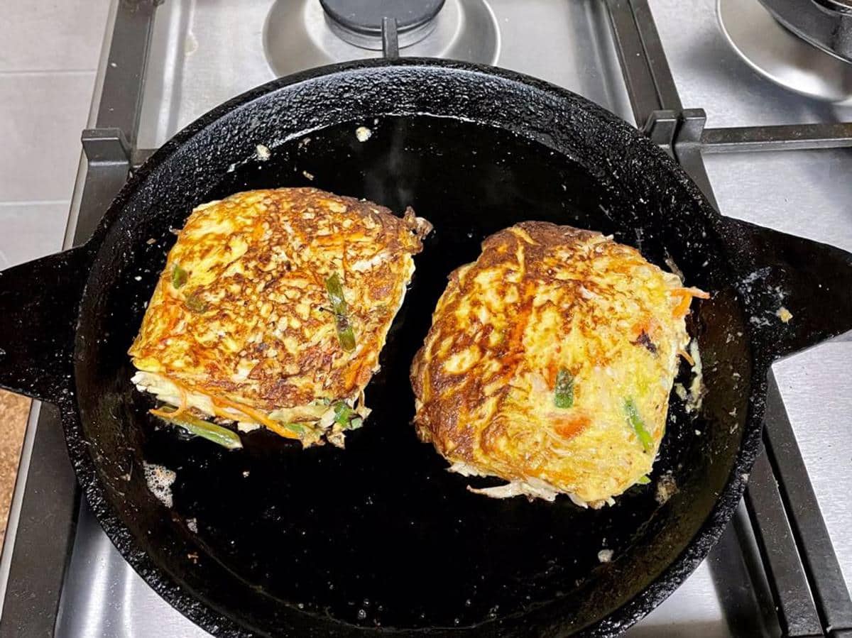 cabbage egg cake pan frying in pan