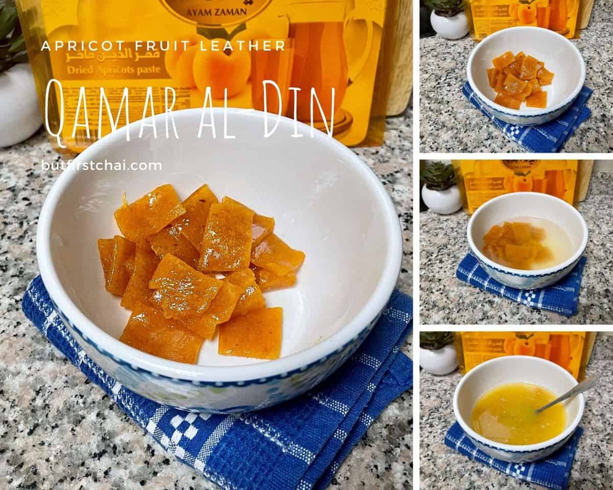 collage pic of Apricot Fruit Leather torn and soaked in water and stirred