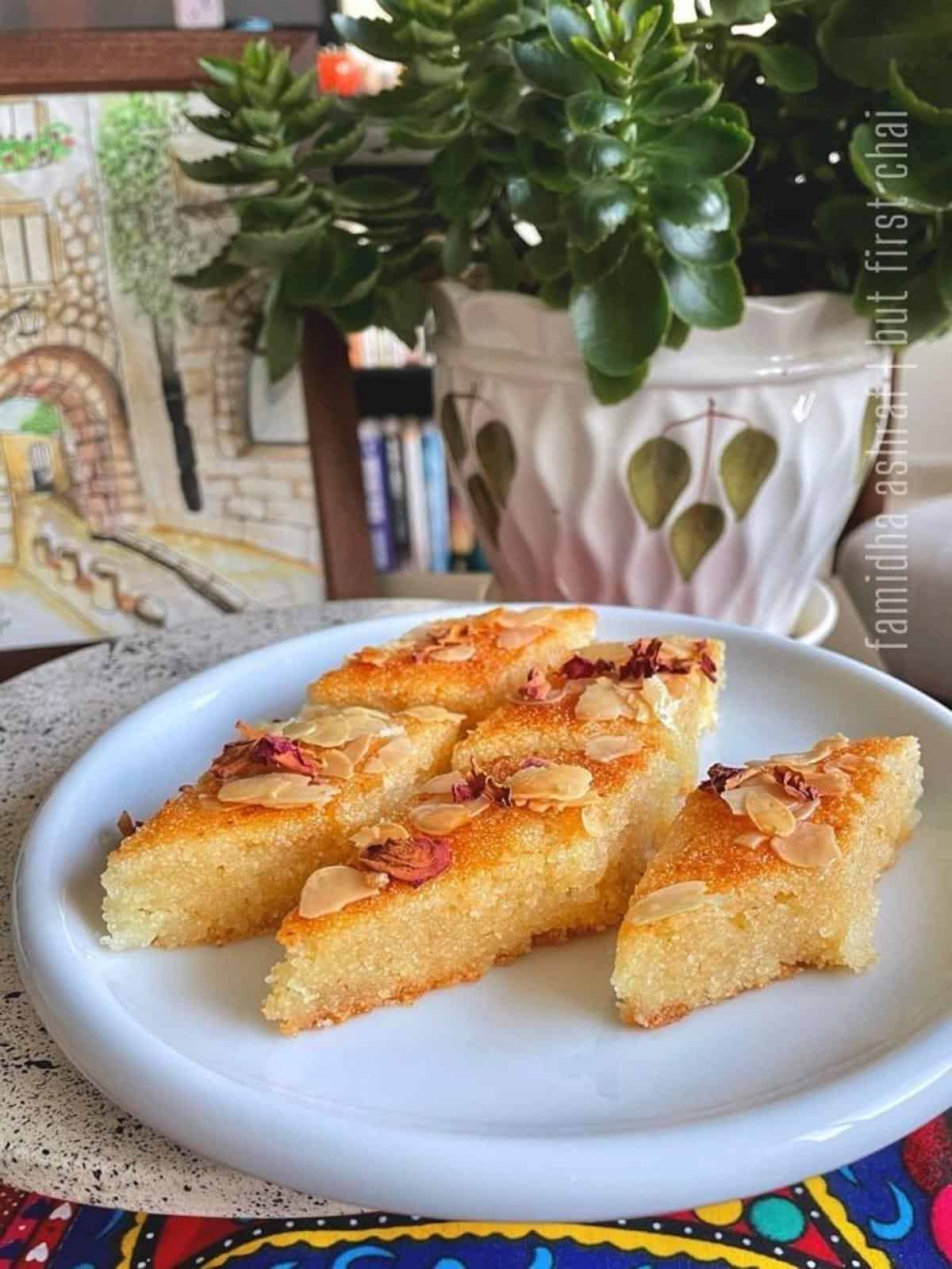 five diamond-shaped semolina cake pieces on a white dessert plate