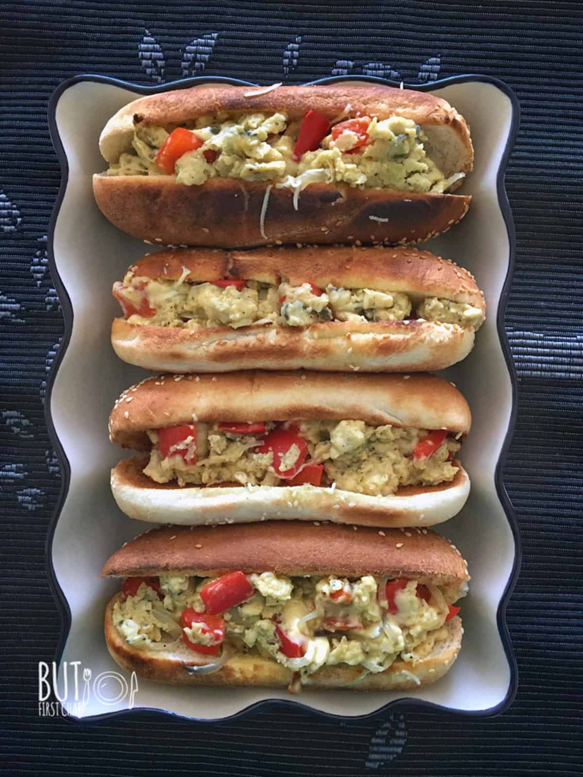 stack of pepper and egg sandwich in a casserole dish