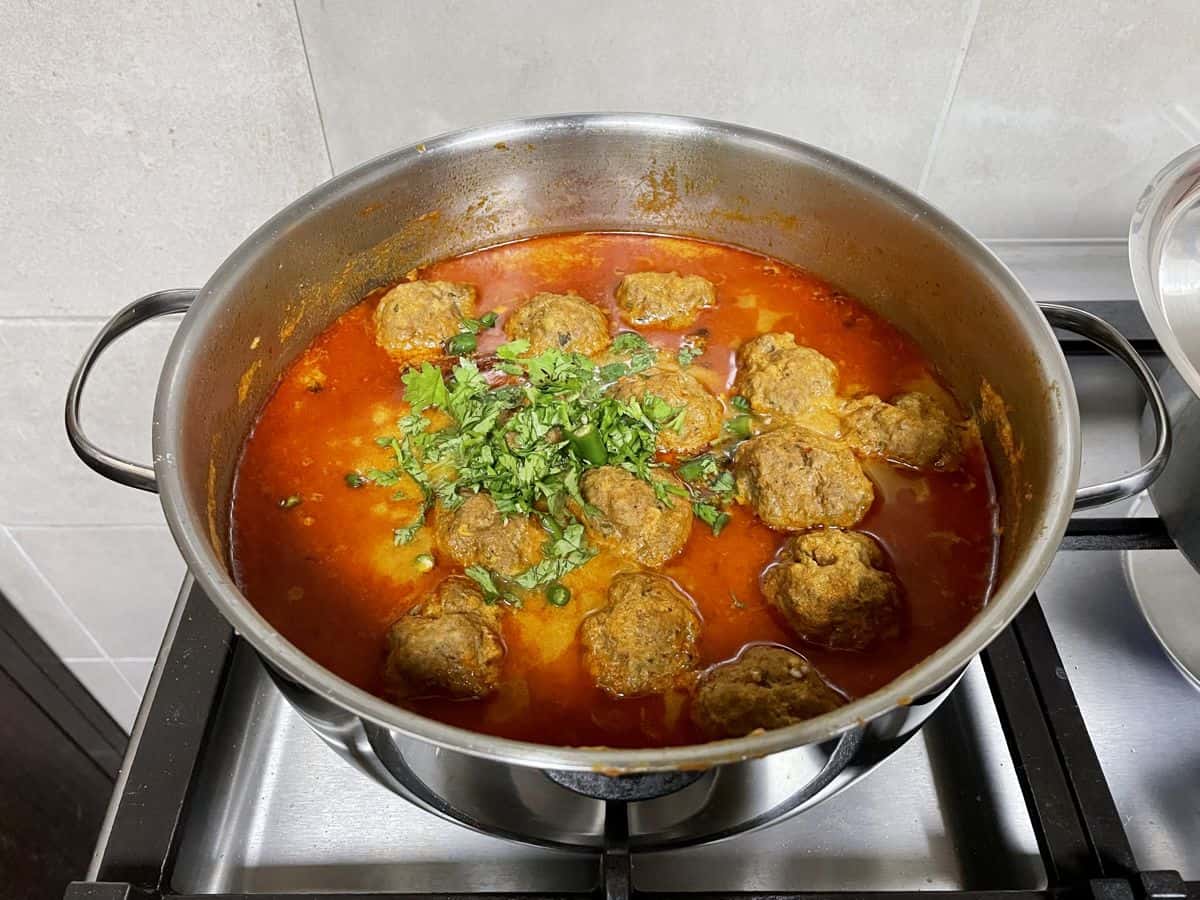kofta curry garnished with coriander leaves and green chillies