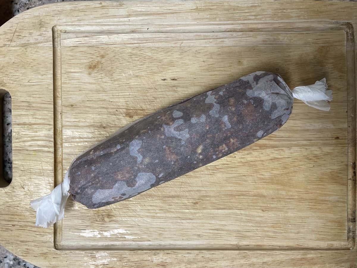 parchment paper wrapped chocolate sausage.