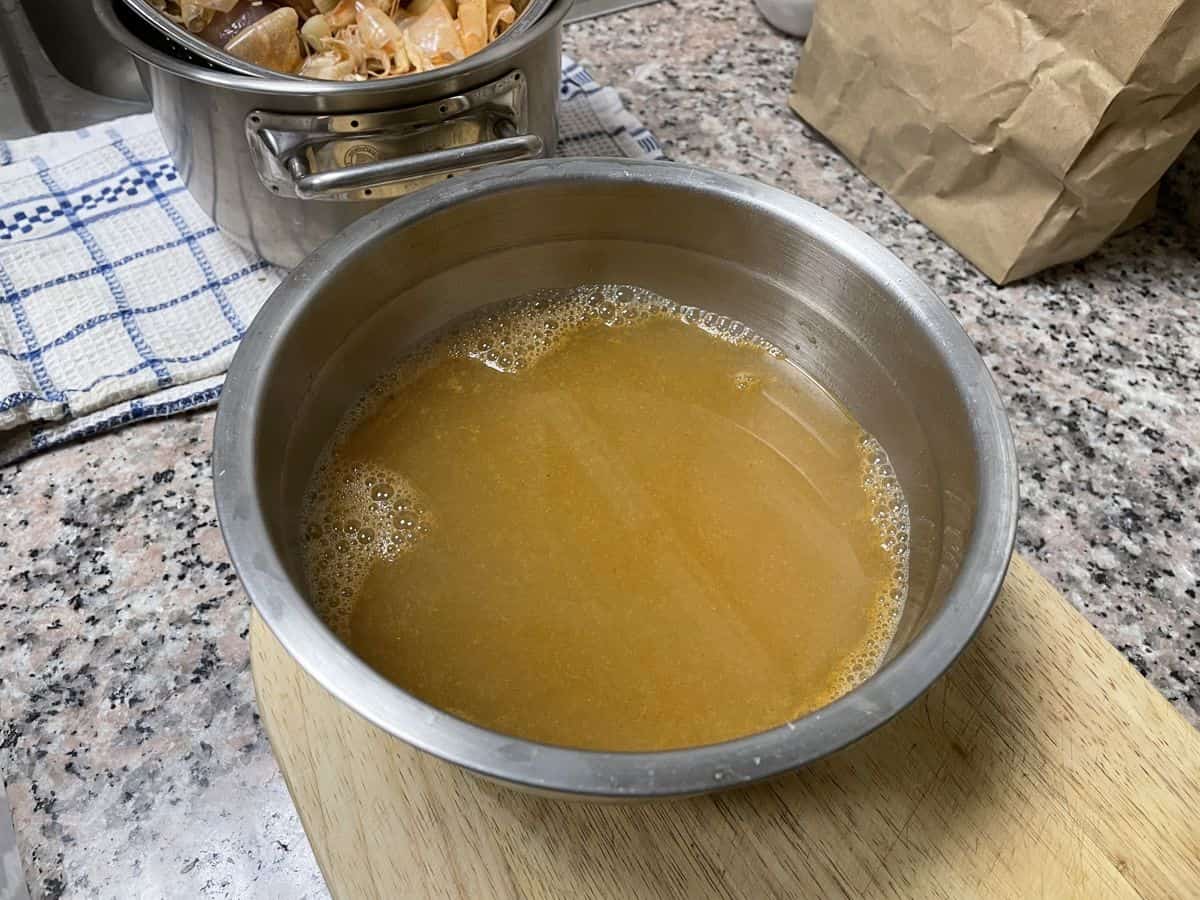 prawns stock drained and ready to use for prawns machboos.