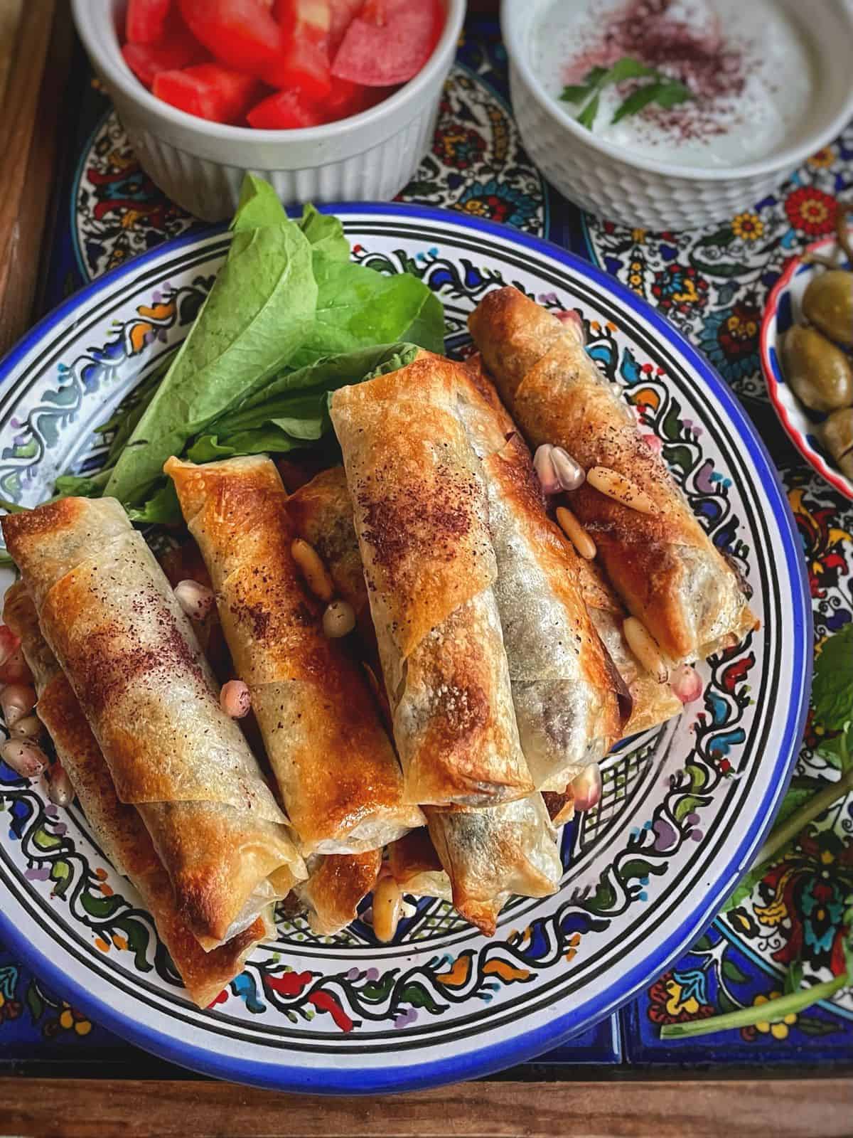 Sumac chicken rolls in a plate with salad. 