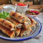 A plate with baked musakhan rolls stacked and served with salad.