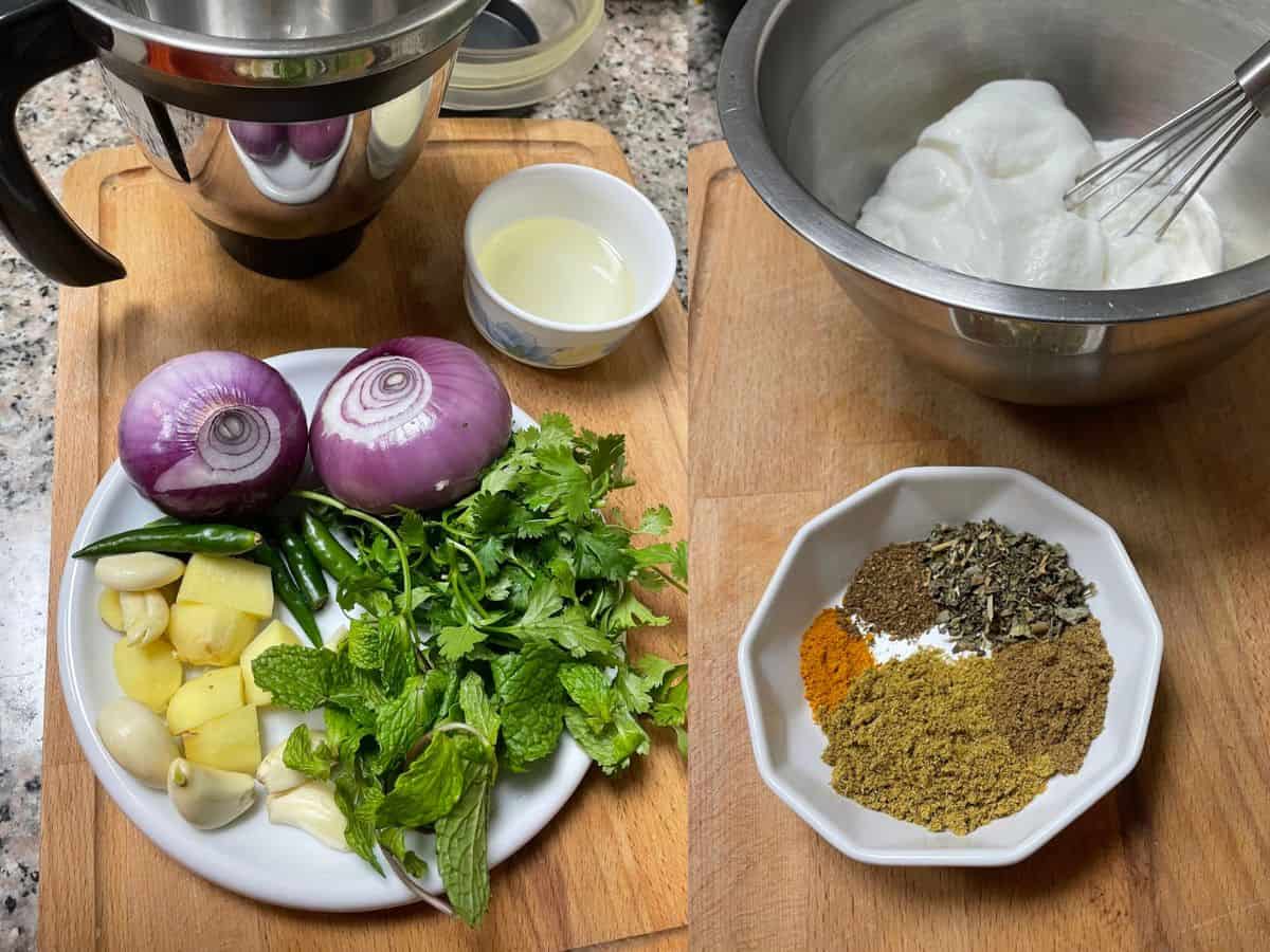 A collage of ingredients displayed for making the curry.