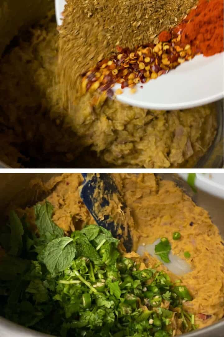 Two pictures of seasoning being added to the mashed beef shami mix.