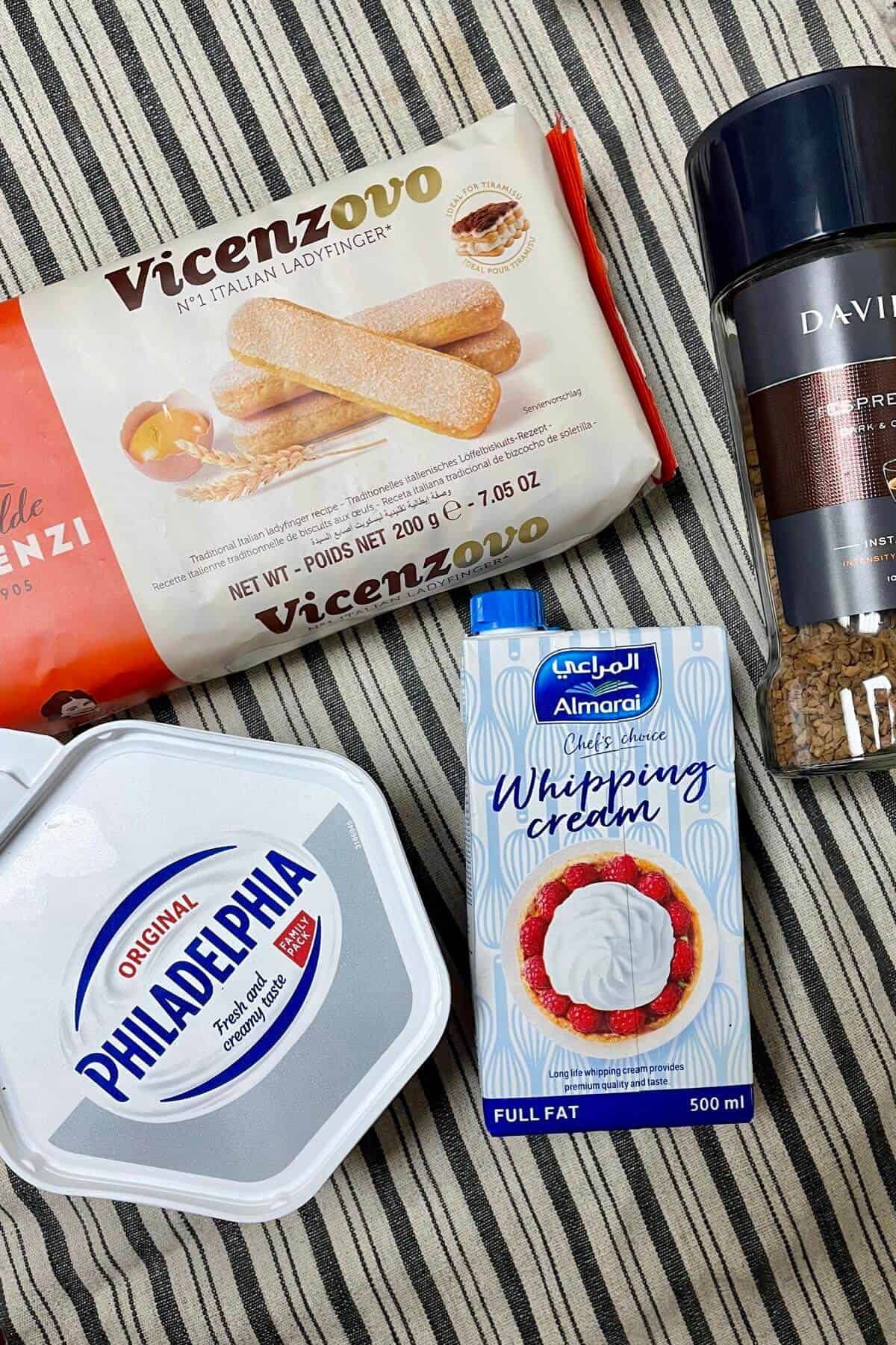 The ingredients for tiramisu without mascarpone.