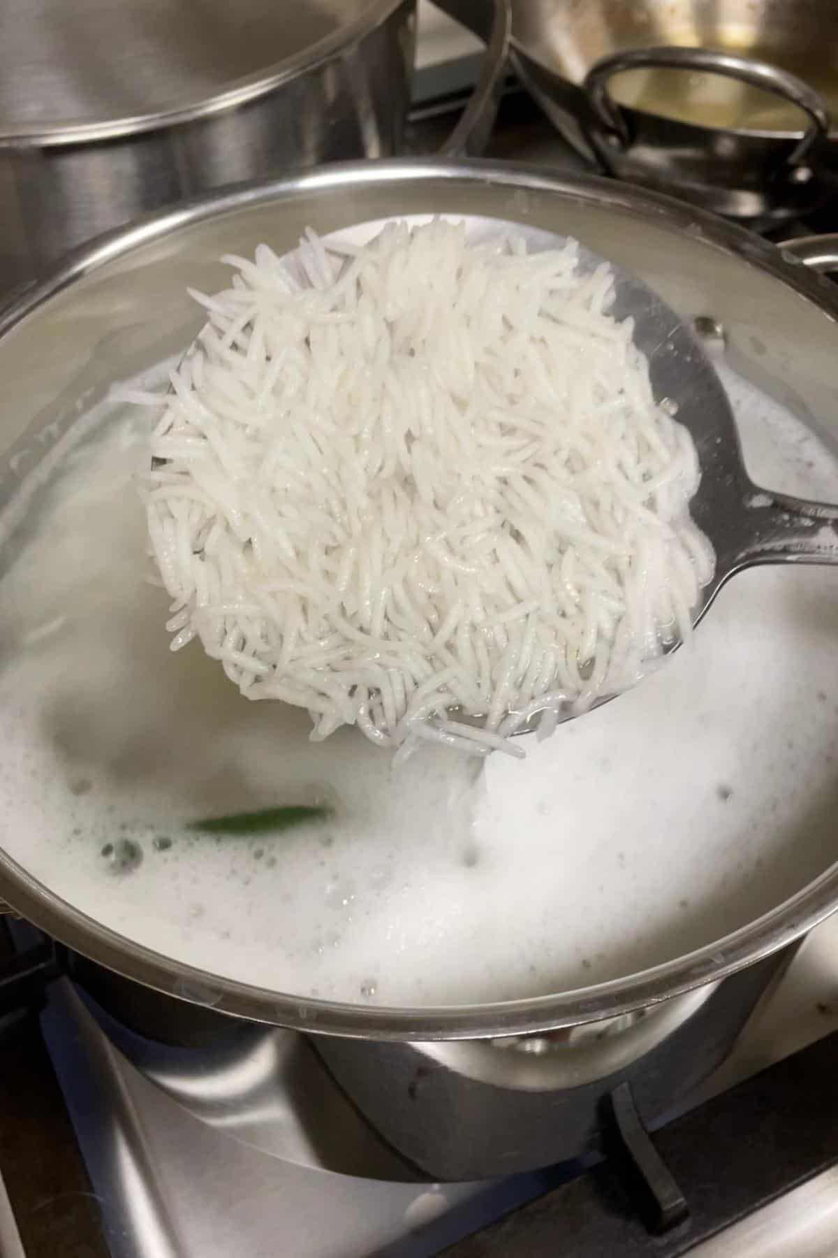 basmati rice cooking in a pot on the stove