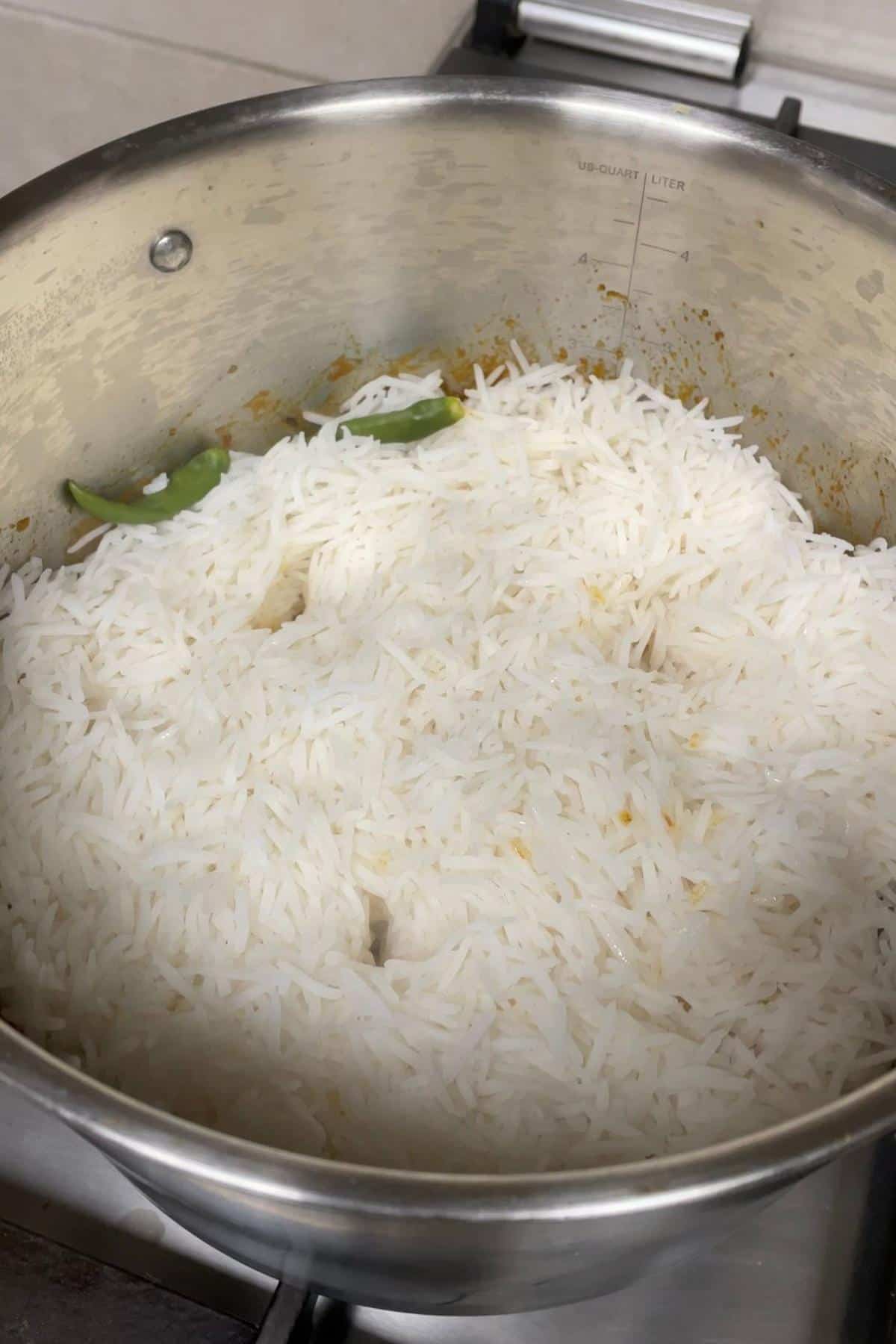 Steamed basmati rice with green chilies in a stainless steel pot, traditional comfort food, perfect for  meals.