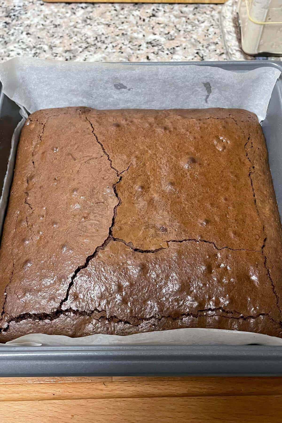 Baked double chocolate brownie out of the oven.