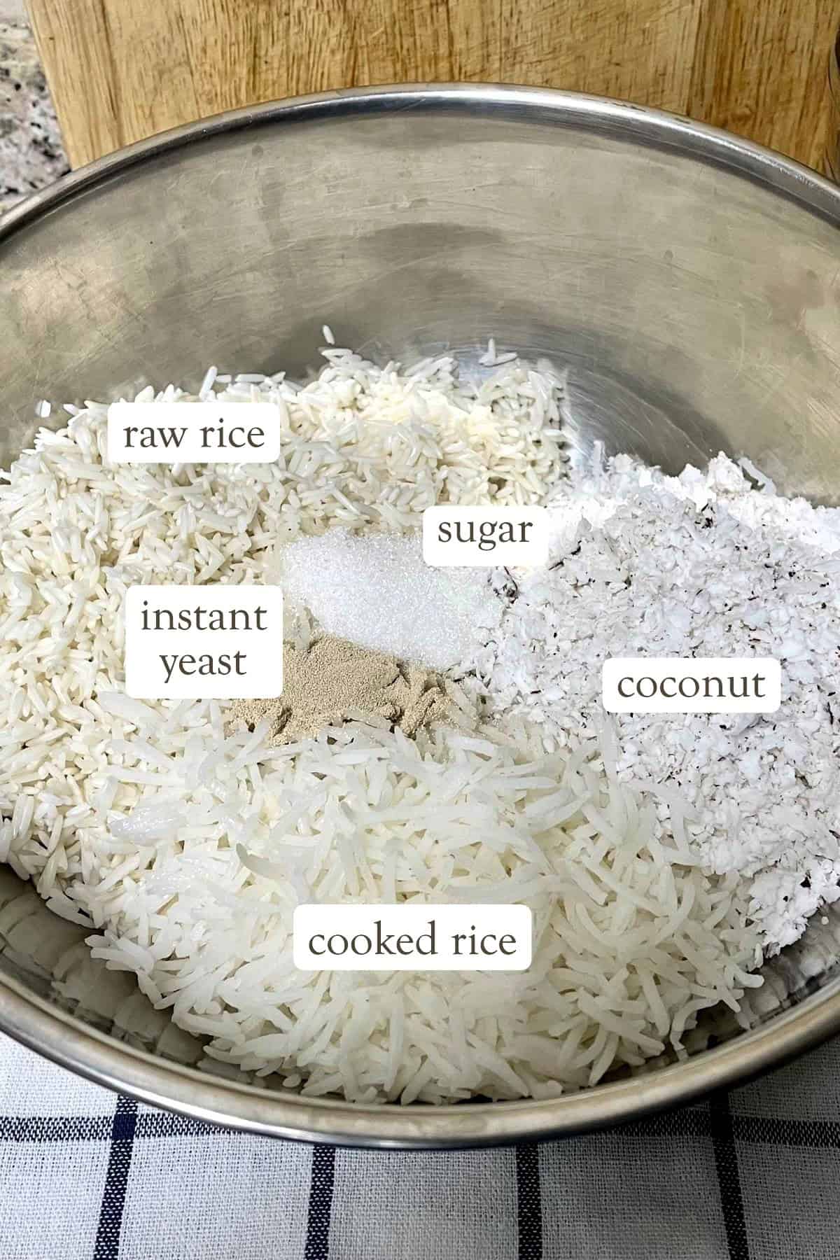 appam batter ingredients in a steel bowl