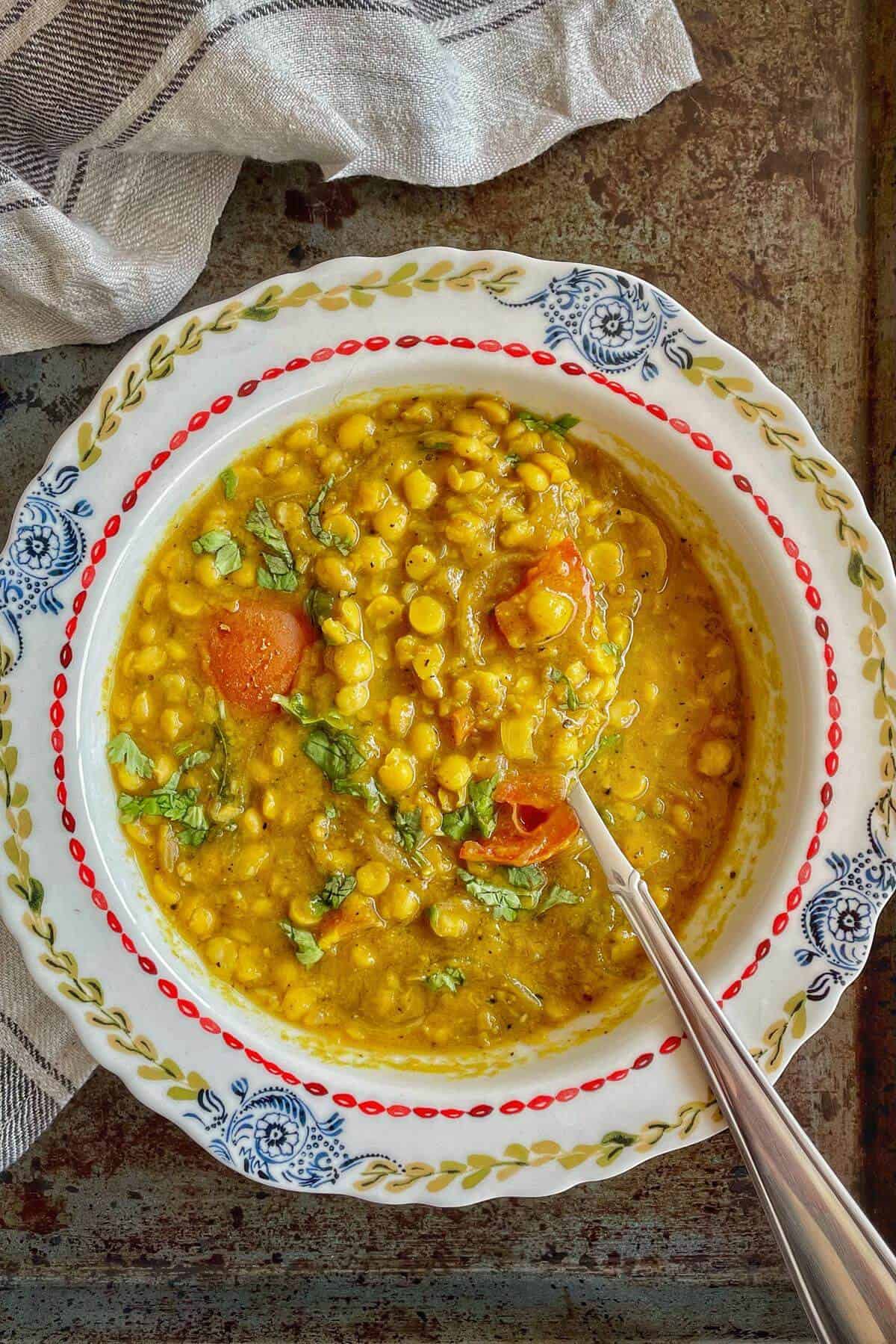 Dal fry recipe with chana dal served.