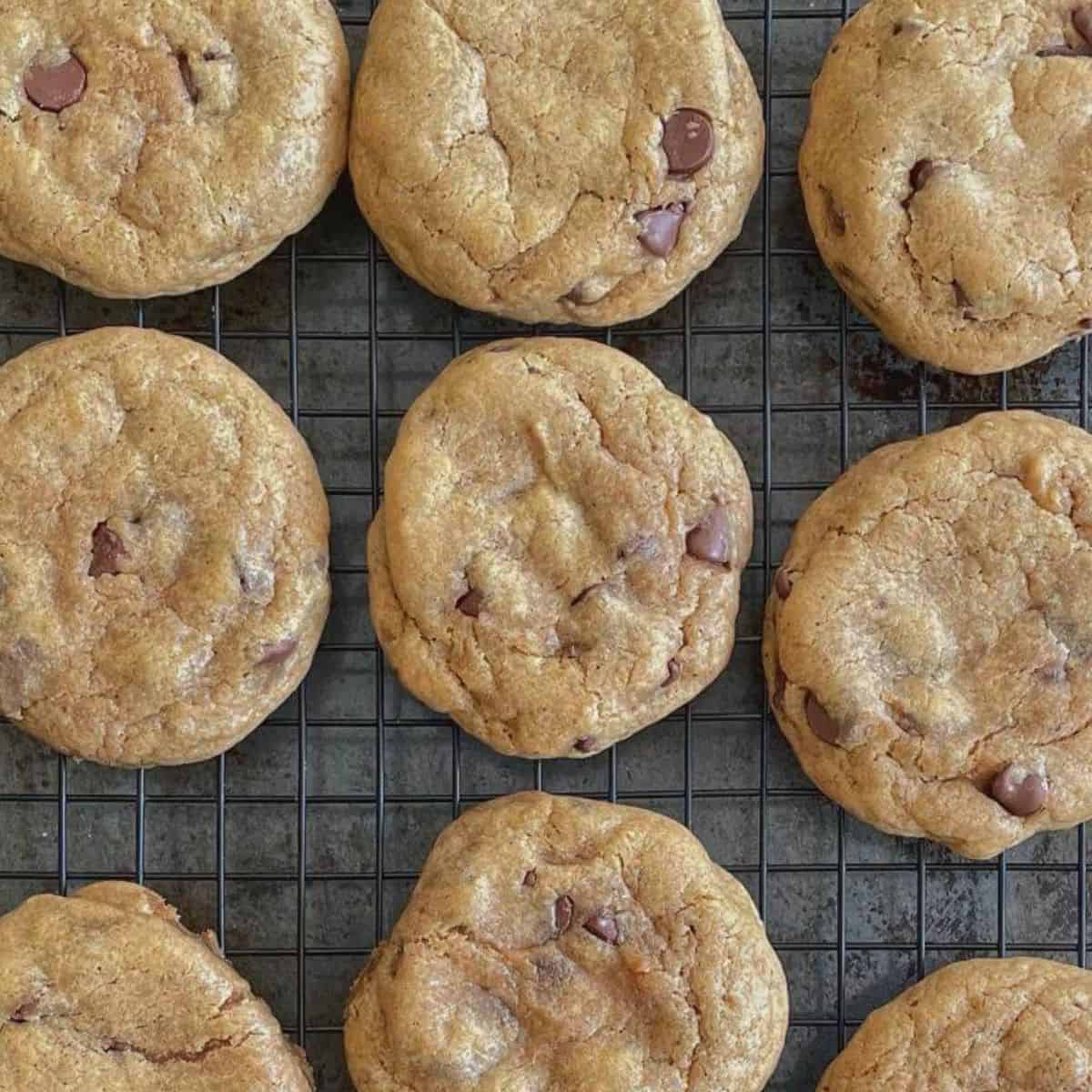 banana chocolate chip cookies on a wire rack.