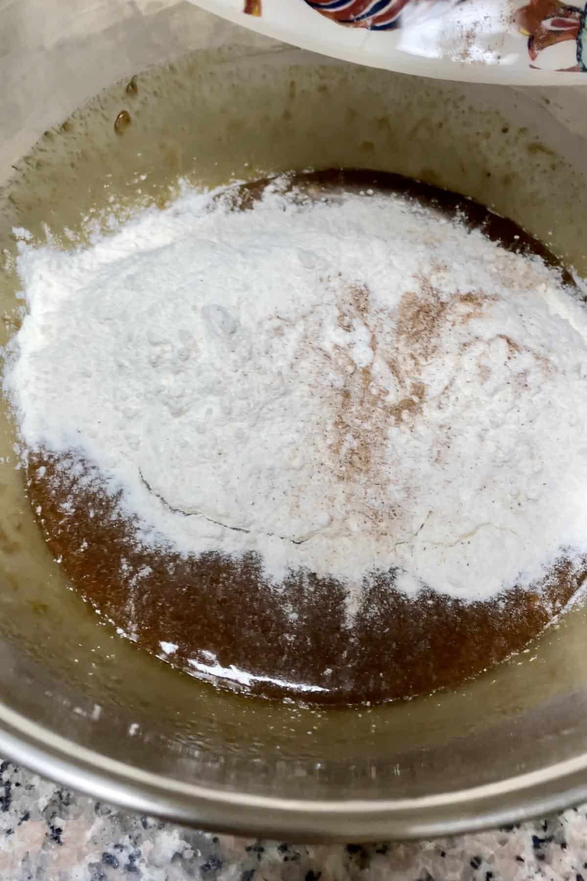 Flour mix into wet mix.