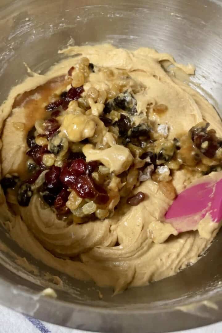 Soaked dried fruits in cake batter.